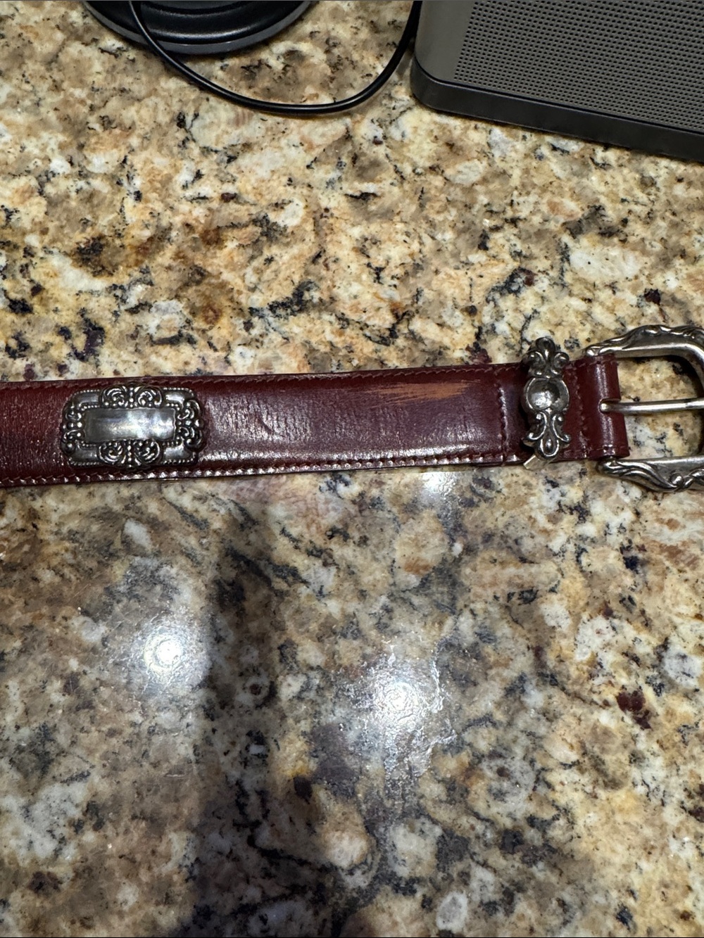 Fossil Leather Western-Inspired Belt with Ornate Silver Accents